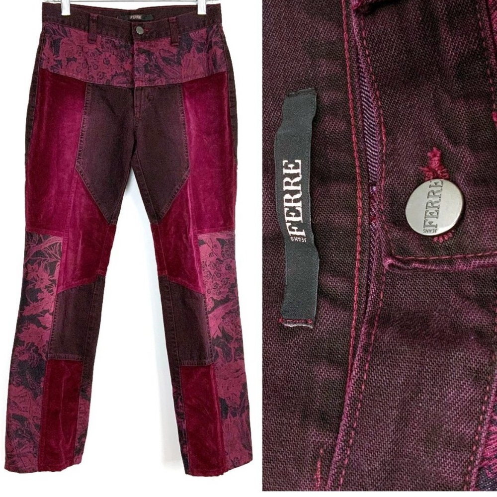 Vintage early 2000s Gianfranco Ferre burgundy patchwork floral straight jeans